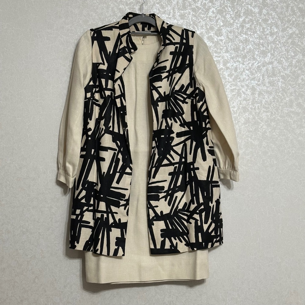 Moygashel Vintage Irish Linen Sheath Dress & Vest Set Black Abstract Print M